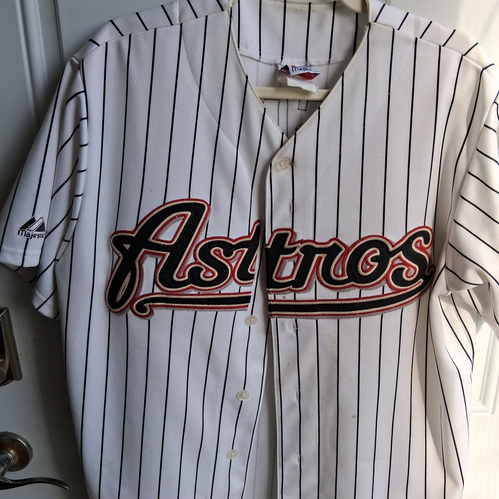 Majestic White Pinstripe Jersey with Black and Red Logo Accents